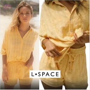 L Space Revolve Gene‎ Cotton Picnic Plaid Short Set Golden Hour Yellow Small